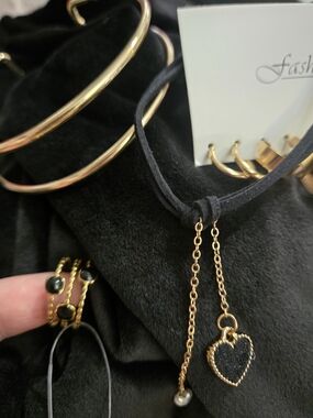 Gold and Black Heart Pendant Choker, Arm Cuff, Ring And Earrings